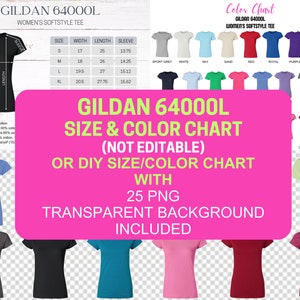 PAQUETE Tabla de tallas Tabla de colores Tabla de bricolaje Gildan 64000L Tabla de maquetas Tabla de tallas de estilo suave para mujer Listado de maquetas de Etsy 25 colores Tallas S-3XL Etsy