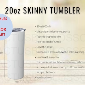 BUNDLE 4 Size Chart Color Chart 20oz Skinny Tumbler with Straw Mockup chart Size Chart Etsy Listing tool Tumbler Printify New Seller bundle