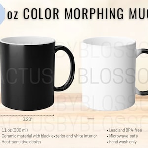May include: A black and white color-changing mug with a black handle. The mug is 11 ounces (330 ml) and is made of ceramic. It has a heat-sensitive design, is lead and BPA-free, microwave-safe, and hand wash only.