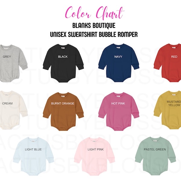 Color Chart Blanks Boutique Romper mockup for Etsy tool Unisex Sweatshirt Bubble Romper Etsy mock up color listing 11 color new etsy seller