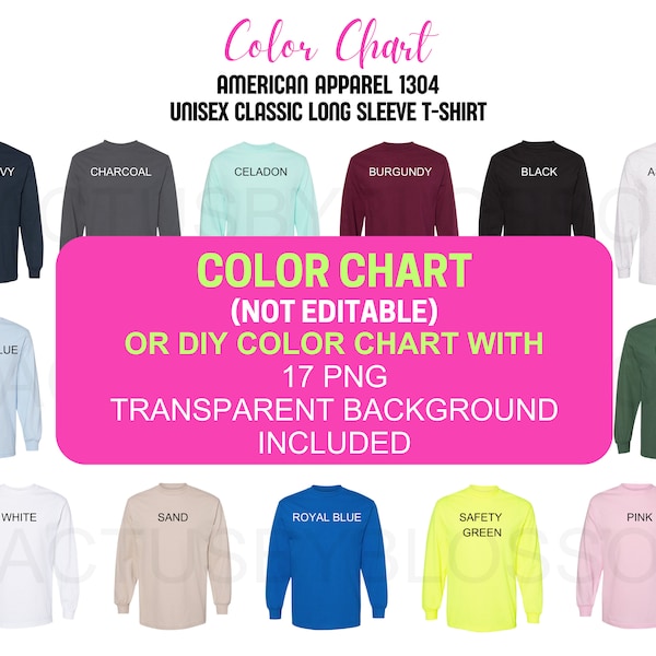 Color Chart DIY Chart American Apparel Alstyle AL1304 mockup Etsy tool Unisex Classic Long Sleeve TShirt Etsy mock up listing 17 color front