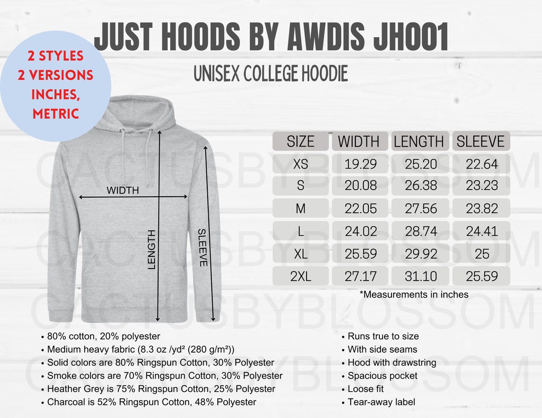 4 Size Chart Just Hoods by AWDIS JH001 Mockup Etsy Tool Unisex College Hoodie Mockup Listing