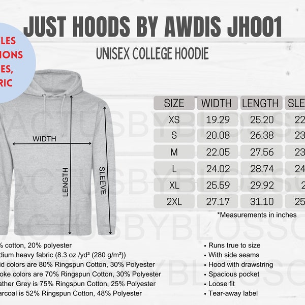 4 Size Chart Just Hoods by AWDIS JH001 mockup Etsy tool Unisex College Hoodie mockup listing size XS-2XL long sleeve Hoodie etsy new seller