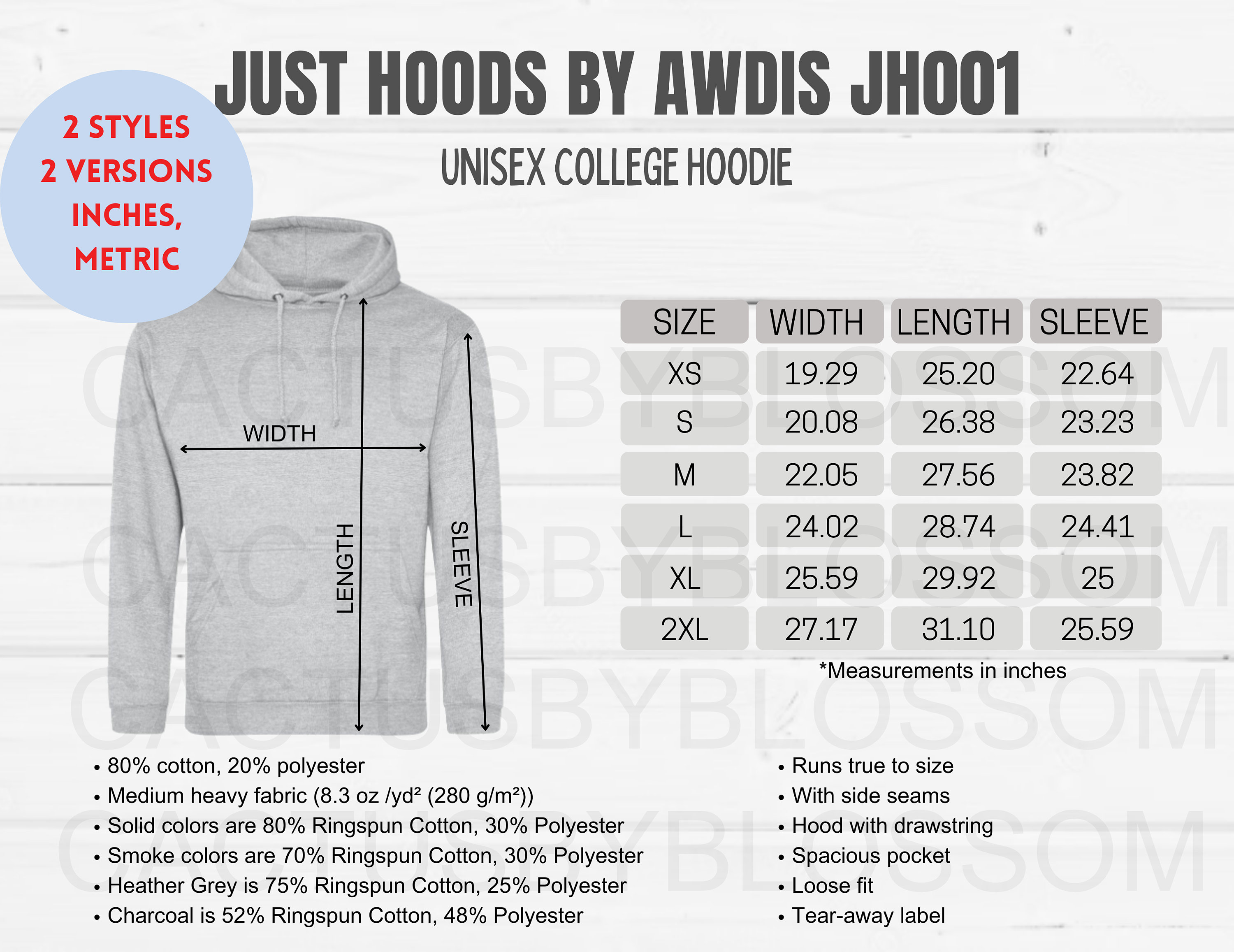 4 Size Chart Just Hoods by AWDIS JH001 Mockup Etsy Tool Unisex