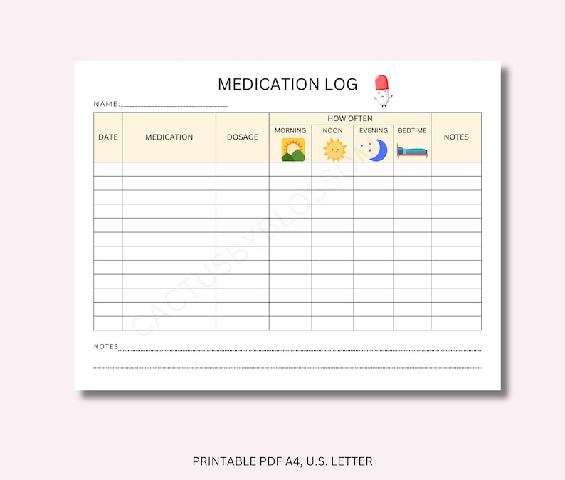 May include: A printable medication log with columns for date, medication, dosage, morning, noon, evening, bedtime, and notes. The log is designed to help people keep track of their medication schedule.