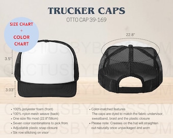 BUNDLE Size Chart Color Chart Trucker Caps Otto Cap 39-169 mockup Size Chart Etsy POD mockup Printify AOP Cap Hat mockup Lid etsy new seller