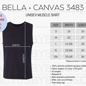 May include: A black sleeveless muscle shirt with size chart showing measurements in inches. The chart includes sizes S, M, L, XL, and 2XL with corresponding width and length measurements.