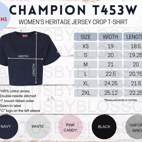 2 Size Chart Champion T453W Mockup for Women Heritage Jersey Crop Color Chart Etsy Listing tool Mock up Sizes XS-2XL Etsy Mockup New Seller