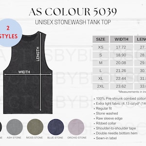 May include: A unisex stonewash tank top in black, ash, moss, blue, and orchid colors. The tank top has a relaxed fit and is made of 100% pre-shrunk combed cotton. The size chart shows the width and length measurements in inches for sizes XS to 2XL.