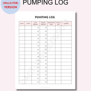 May include: Printable pumping log tracker in black and white with a pink accent. The log includes columns for date, time, left breast (ml), right breast (ml), duration (minutes), total (ml), and notes.