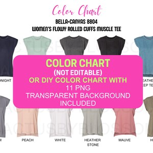 Tabla de colores Tabla de bricolaje Bella + Canvas 8804 maqueta Herramienta de Etsy Camiseta sin mangas con puños enrollados y holgada para mujer Listado de maquetas de Etsy 11 Colores de camiseta Nuevo vendedor