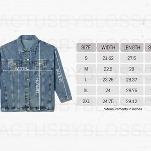 May include: A size chart for a denim jacket with measurements in inches for sizes S, M, L, XL, and 2XL. The chart shows the width, length, and sleeve length for each size.