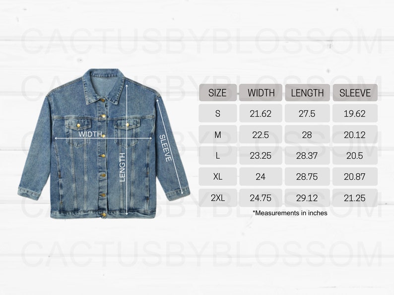May include: A size chart for a denim jacket with measurements in inches for sizes S, M, L, XL, and 2XL. The chart shows the width, length, and sleeve length for each size.