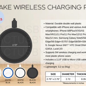 Pode incluir: Uma almofada de carregamento sem fios preta com um diâmetro de 7 cm. A almofada é compatível com vários smartphones, incluindo iPhones e dispositivos Android. A almofada suporta carregamento sem fios de 5 W e inclui um cabo USB para Micro USB de 30 cm para carregar. A almofada está disponível em quatro cores: branco/branco, branco/azul, branco/preto e preto/preto.