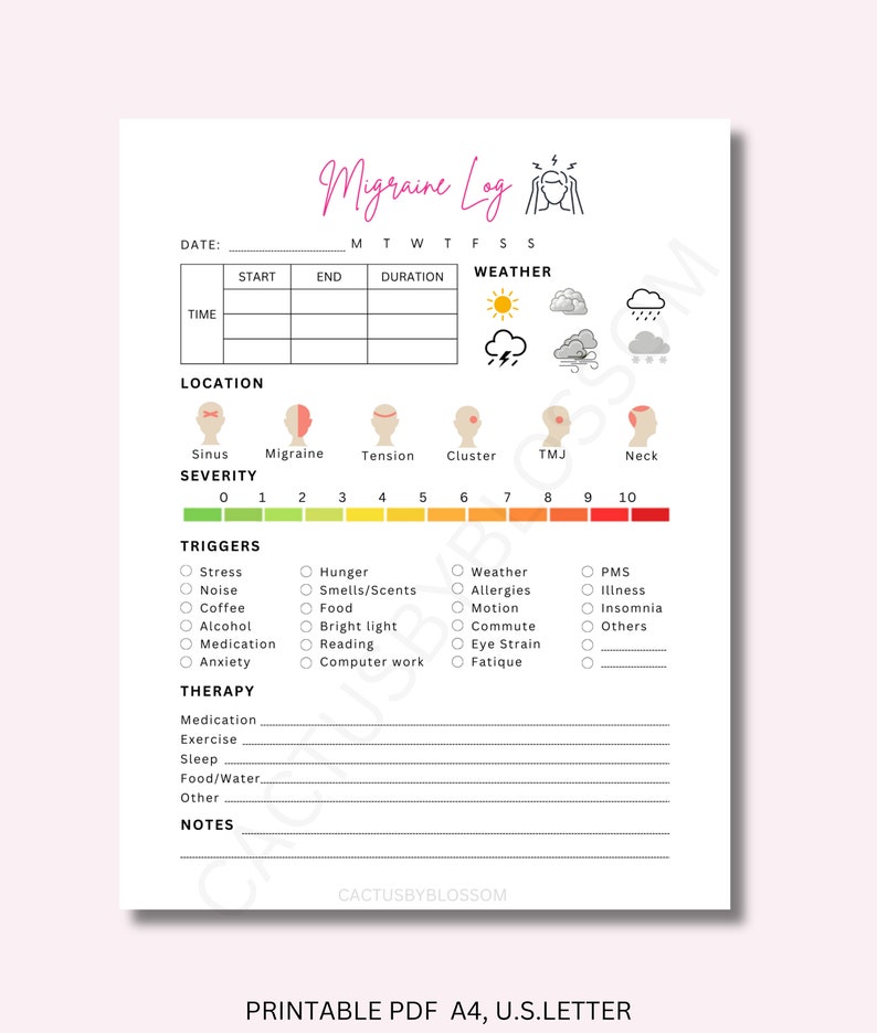 May include: Printable migraine log tracker with sections for date, time, start, end, duration, weather, location, severity, triggers, and therapy. The log includes a color-coded severity scale from 0 to 10, and a list of common migraine triggers and therapies.