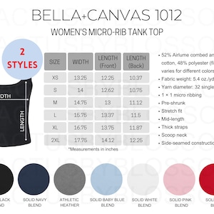 Tabla de tallas Tabla de colores Tabla de Bella + Canvas 1012 herramienta de maqueta Camiseta sin mangas de microcanalé para mujer Maqueta de Etsy Tallas XS-2XL 6 colores nuevo vendedor de Etsy