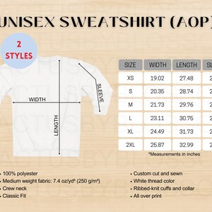 2 Size Chart Unisex Sweatshirt (AOP) Mockup chart AOP All Over Print Size Chart Etsy Mockup Size XS-2XL Etsy New Seller mockup printify Pod