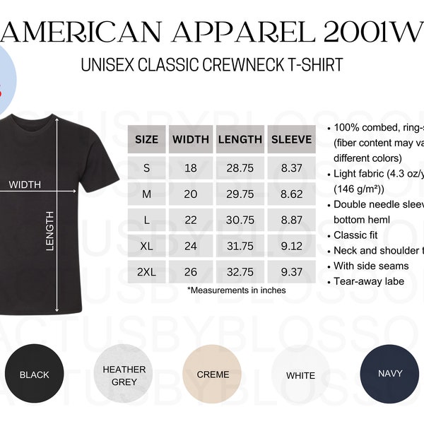 2 Size Chart Color Chart American Apparel 2001W Mockup chart Unisex Classic Crewneck T-Shirt Sizing Chart Etsy Listing Size S-2XL New Seller