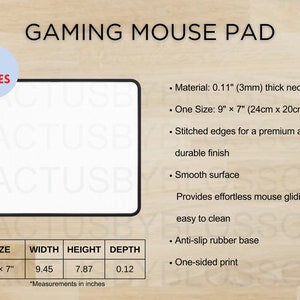 May include: A white gaming mouse pad with black stitching around the edges. The pad measures 9 inches by 7 inches and is 0.12 inches thick. It is made of 3mm thick neoprene and has a smooth surface for effortless mouse gliding. The pad also features an anti-slip rubber base and a one-sided print.