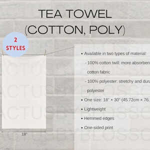 May include: A white tea towel with a fringed edge, available in two styles: 100% cotton twill or 100% polyester. The towel measures 18 inches by 30 inches (45.72 cm by 76.2 cm).
