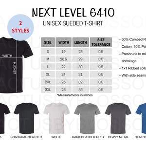 May include: A size chart for a unisex sueded t-shirt, showing measurements in inches for sizes S to 3XL. The chart includes width, length, and size tolerance. The t-shirt is made of 60% combed ring-spun cotton and 40% polyester. It features a 1x1 ribbed collar and side seams.