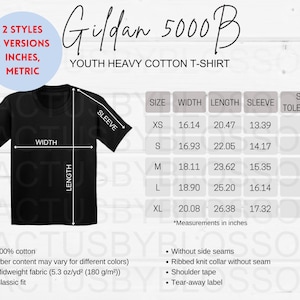 4 Größentabelle Gildan 5000B Mockup chart Jugend Schwere Baumwolle T-Shirt Größentabelle Etsy Listing-Tool Mockup Größe XS-XL Mockup Neue Verkäufer metrisch