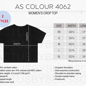 May include: A black crop top with the text "AS COLOUR 4062 WOMEN'S CROP TOP" and a size chart showing measurements in inches.