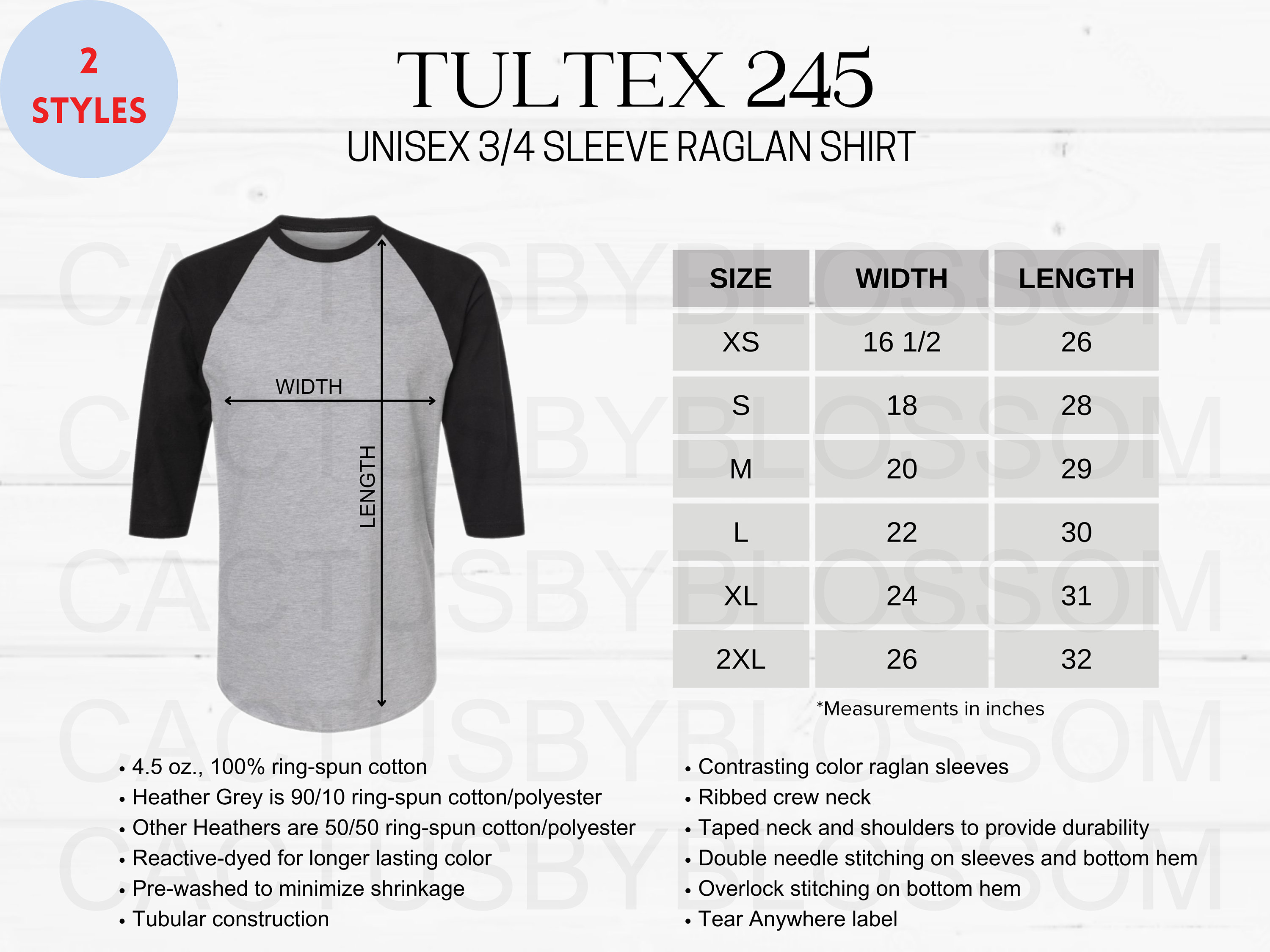 2 Size Chart Tultex 245 Mockup Listing Etsy Tool Unisex 3/4 Sleeve