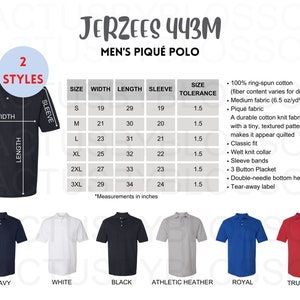 May include: A size chart for a men's pique polo shirt in various colors, including navy, white, black, athletic heather, royal blue, and true red. The chart shows the size, width, length, sleeve length, and size tolerance in inches. The fabric is 100% ring-spun cotton and features a pique knit fabric with a textured pattern.