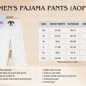 2 Size Chart Men&#39;s Pajama Pants Mockup chart AOP All Over Print Size Chart Etsy Mockup Size XS-2XL Etsy New Seller etsy POD mockup Printify