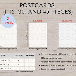 3 Größentabelle Postkarten 1, 15, 30 und 45 Stück Mockup Etsy Tool All-over-Prints Chart Postkarten Etsy mock-up AOP POD Listing für neue Verkäufer