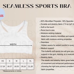 May include: White seamless sports bra with a racerback design. The bra is made of a stretchy, moisture-wicking fabric and offers medium support. The size chart shows bust and width measurements in inches.