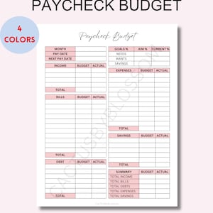 4 Colors Paycheck Budget Planner Printable Budget Overview Template Paycheck breakdown planner Paycheck tracker budget Budget By Paycheck