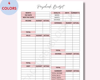 4 Colors Paycheck Budget Planner Printable Budget Overview Template Paycheck breakdown planner Paycheck tracker budget Budget By Paycheck