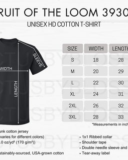 2 Size Chart Fruit of the Loom 3930R Unisex HD Cotton T-shirt