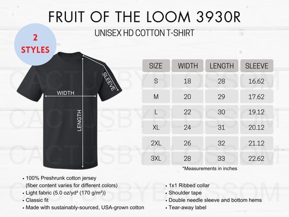 2 Size Chart Fruit of the Loom 3930R Unisex HD Cotton T-shirt