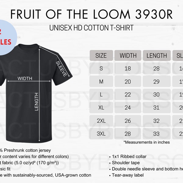 2 Size Chart Fruit Of The Loom 3930R Unisex HD Cotton T-shirt chart Short Sleeve T-Shirt Listing tool Mockup Size S-3XL printify new seller