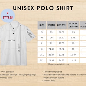 2 Size Chart Unisex Polo Shirt (AOP) Mockup chart AOP All Over Print Size Chart Etsy Mockup Size S-3XL Etsy New Seller mockup printify POD