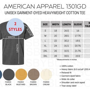 2 Größentabelle American Apparel 1301GD Mockup chart Unisex Garment-Dyed aus schwerer Baumwolle T-Shirt Etsy Listing Mock-up Größe S-3XL