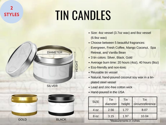 2 Size Chart Tin Candles Mockup chart Jar Scented Candle Sizing Chart Etsy Listing tool Printify Size 4oz 8oz Etsy Tool Mock up New Seller