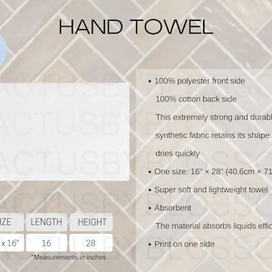 May include: A white hand towel with the text "HAND TOWEL" in black lettering. The towel is 16 inches by 28 inches and is made of 100% polyester on the front and 100% cotton on the back. The towel is described as being extremely strong and durable, quick drying, super soft, and absorbent.