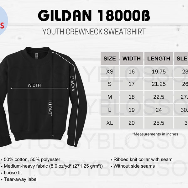 2 Size Chart Gildan 18000B 2 Mockup chart for Youth Crewneck Sweatshirt Sizing Chart Etsy Listing tool Mock up Size XS-XL Mockup New Seller