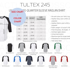 May include: A size chart and color chart for a three-quarter sleeve raglan shirt. The chart shows the width and height of the shirt in inches, as well as the size tolerance. The shirt is available in a variety of colors, including black, white, heather grey, and heather charcoal.