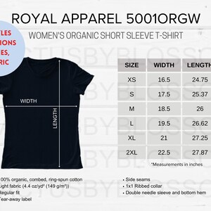 May include: A black short-sleeved t-shirt with a v-neck. The t-shirt is made of 100% organic, combed, ring-spun cotton. The size chart shows measurements in inches for XS, S, M, L, XL, and 2XL.