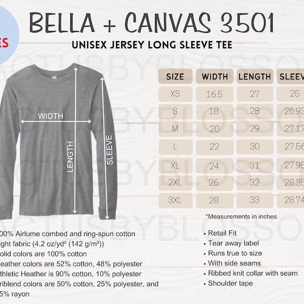 2 Size Chart Bella Canvas 3501 mockup Etsy tool unisex TShirt Size Chart Etsy mock up T-Shirt siz XS-3XL Long Sleeve Etsy Listing New Seller