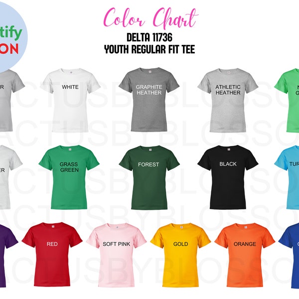 2 Color Chart Delta 11736 mockup Etsy Kids Youth Regular Fit Tee color listing 16 colors etsy mockup Printify mock up tshirt etsy new seller