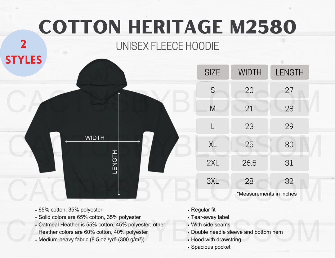 2 Size Chart Cotton Heritage M2580 Mockup Unisex Fleece Hoodie Size
