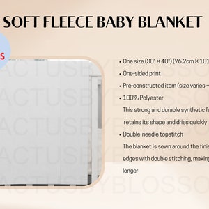 Puede incluir: Una manta blanca para bebé hecha de suave polar. La manta mide 30 pulgadas por 40 pulgadas (76,2 cm x 101,6 cm) y está hecha de 100% poliéster. La manta tiene una puntada superior de doble aguja y está preconstruida. La manta se muestra frente a una cuna blanca.