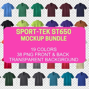 May include: A mockup bundle of 19 different colored polo shirts. The shirts are all the same style, with a short sleeve and a button-down collar. The text "SPORT-TEK ST650 MOCKUP BUNDLE" is displayed in a pink box. The text "19 COLORS 38 PNG FRONT & BACK TRANSPARENT BACKGROUND" is also displayed in the pink box.