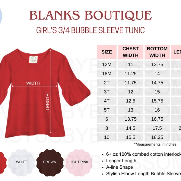 2 Size Chart Blanks Boutique mockup Etsy tool Girl 3/4 Bubble Sleeve Tunic Etsy list size 12M-10 mockup color Chart 4 colors etsy new seller